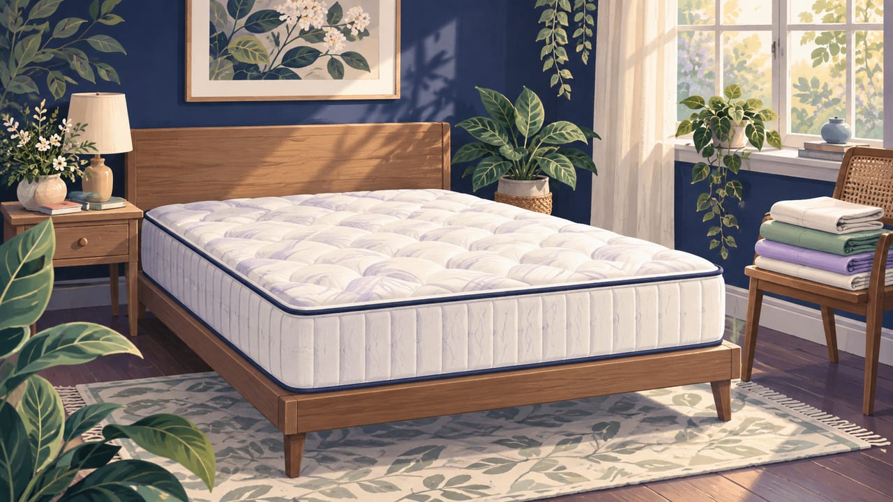 A bare, clean mattress in a bright bedroom, with folded sheets on a chair nearby.