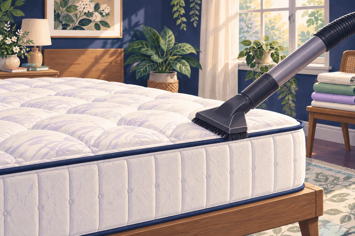 A vacuum with an upholstery attachment moving along the seam of a bare mattress.