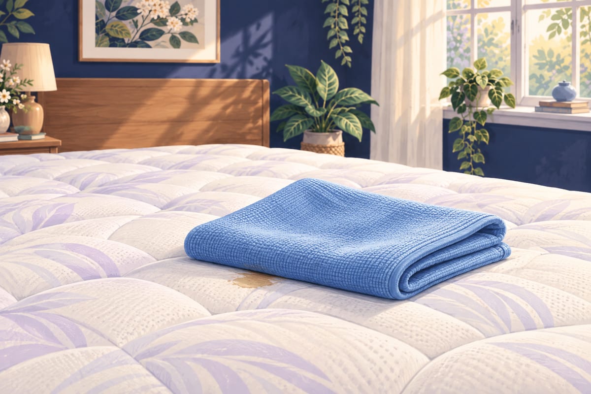 A folded white cloth pressed onto a small stain on a mattress.