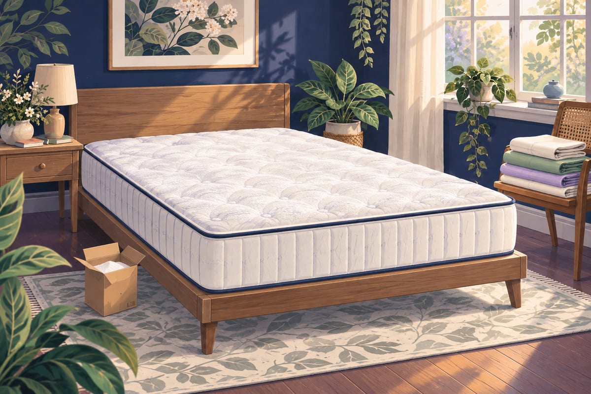 Baking soda sprinkled evenly over a bare mattress, with an open box beside it.