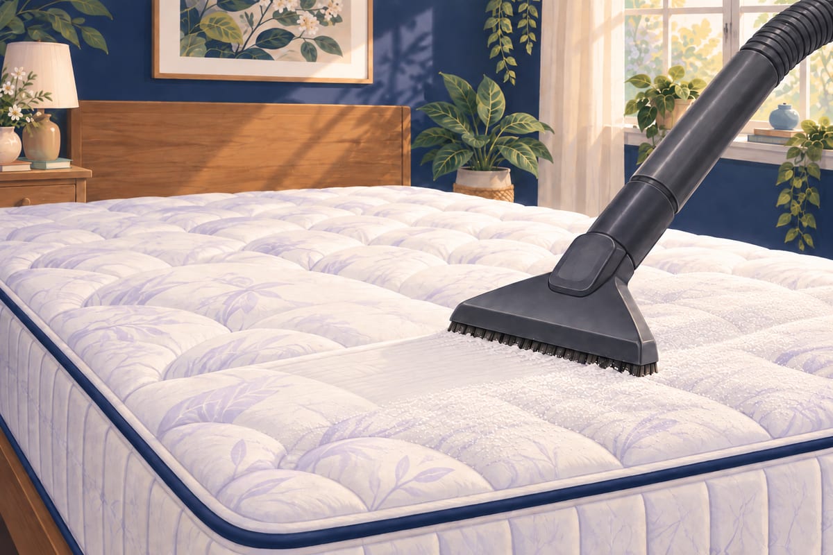 A vacuum with an upholstery attachment lifting white powder off a bare mattress.