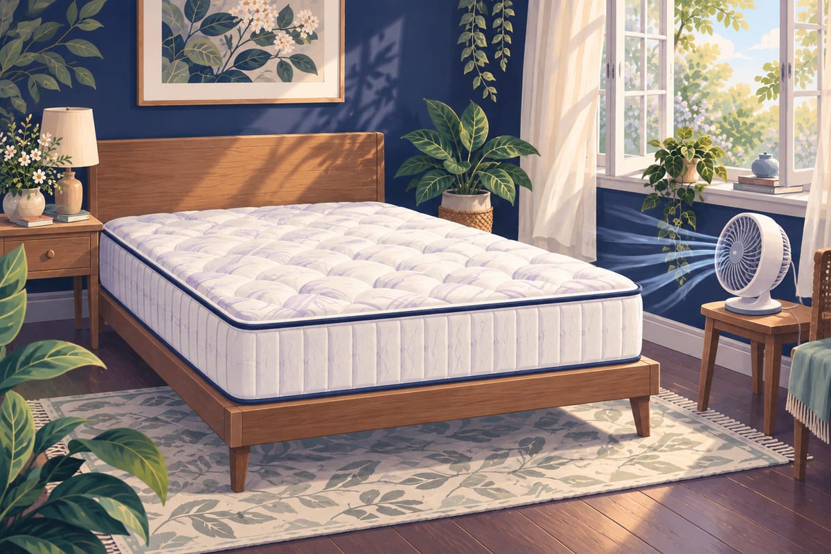 A bare mattress beside an open window, with a small fan facing it.