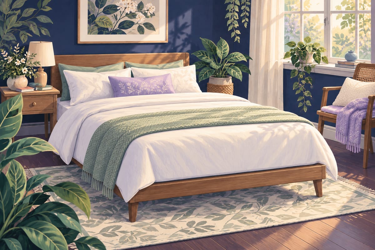 A neatly made bed in soft morning light.