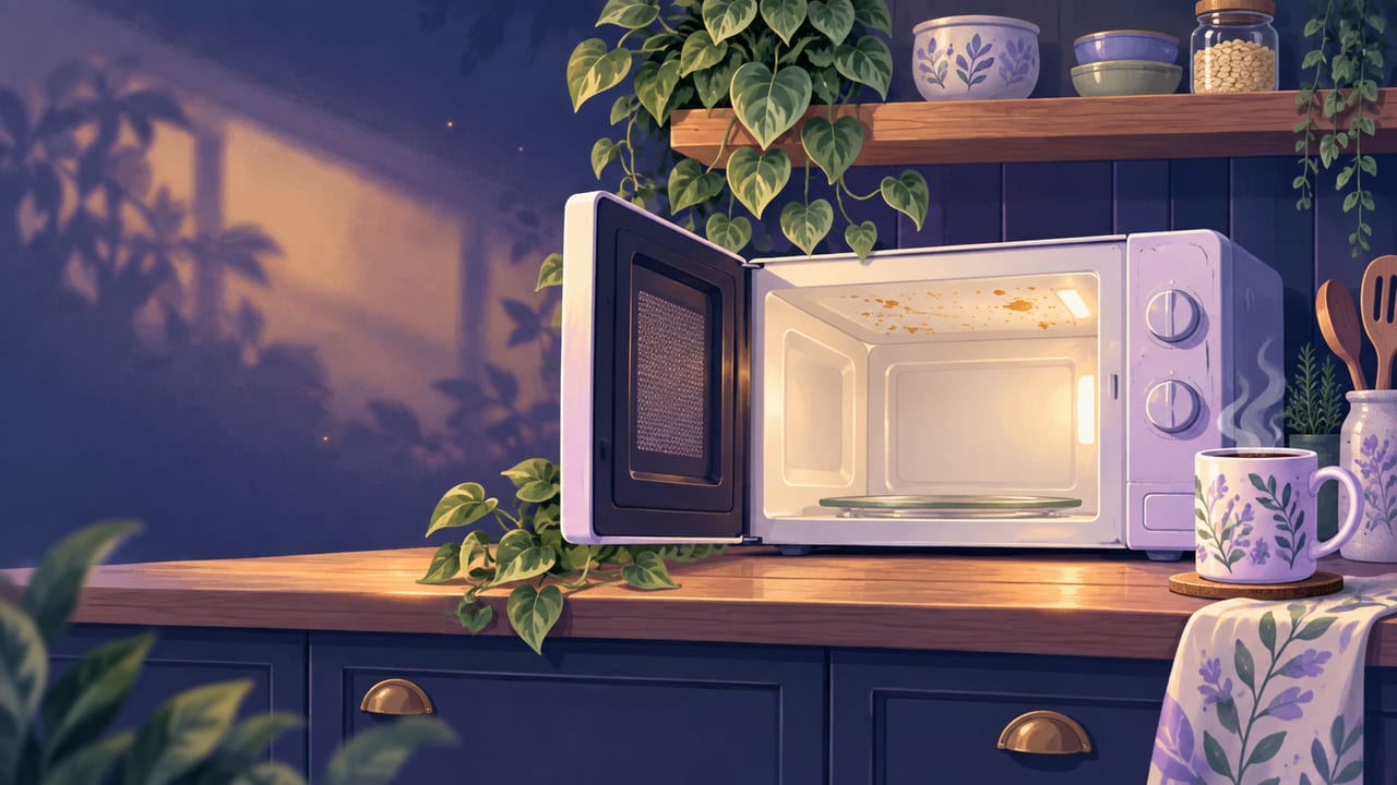 An open lavender microwave with splatters on its ceiling, a steaming mug of coffee on the wooden counter beside it.