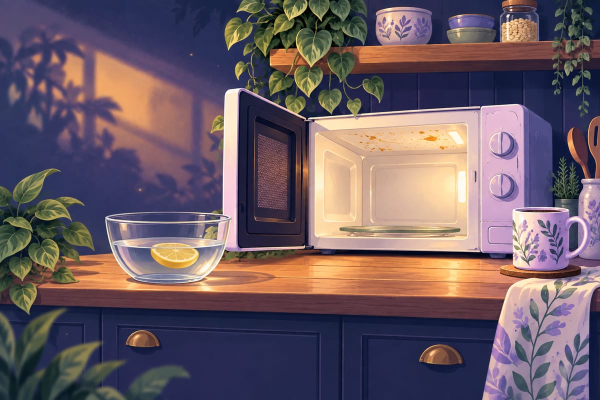 A clear glass bowl half full of water with a lemon slice floating in it, on the counter in front of the open microwave.