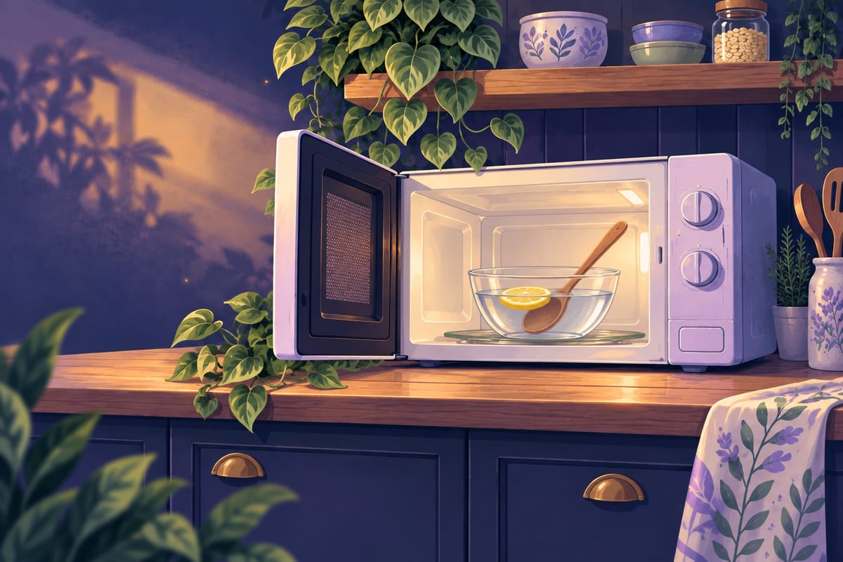 The glass bowl of water inside the microwave with a wooden spoon resting in it.