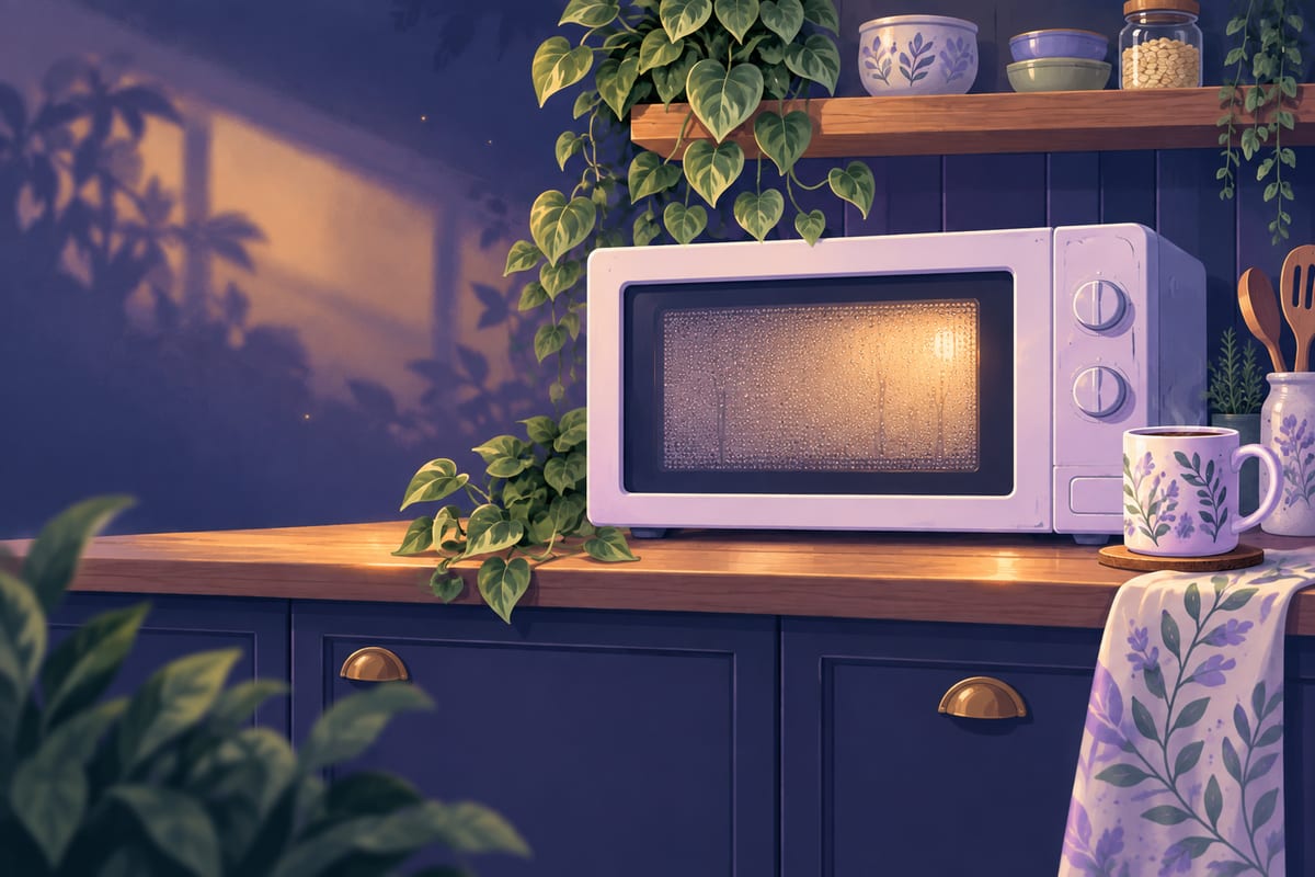 The microwave with its door closed and its window fogged with steam.