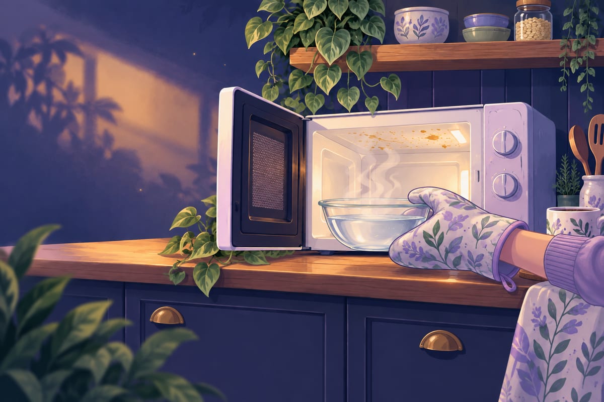 A leaf-print oven mitt lifting a steaming bowl out of the microwave.
