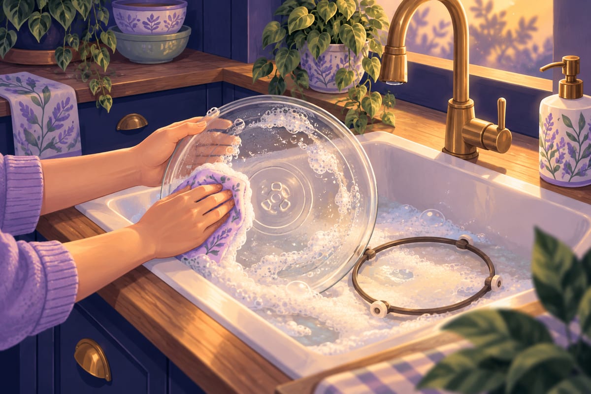 The microwave’s glass plate in a sink of soapy water, with the turntable ring beside it.