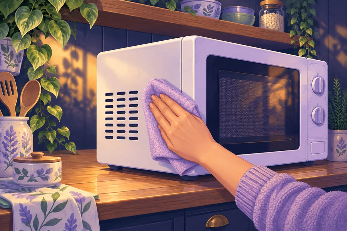 The side of the microwave near its vent slots being wiped with a folded damp cloth.