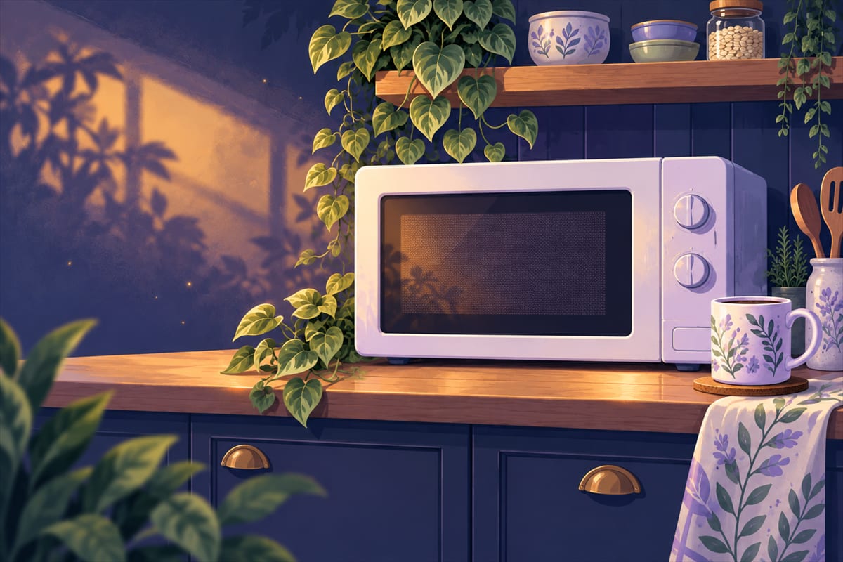 The clean microwave with its door closed and a mug of coffee on the counter beside it.