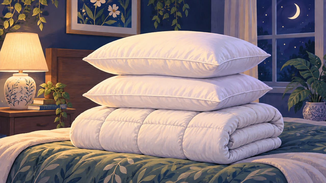 Two fluffy white pillows and a folded comforter stacked on a bed.