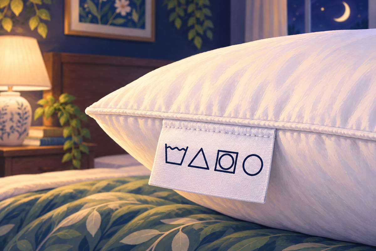 A care label on the edge of a pillow, with the washing symbols visible.