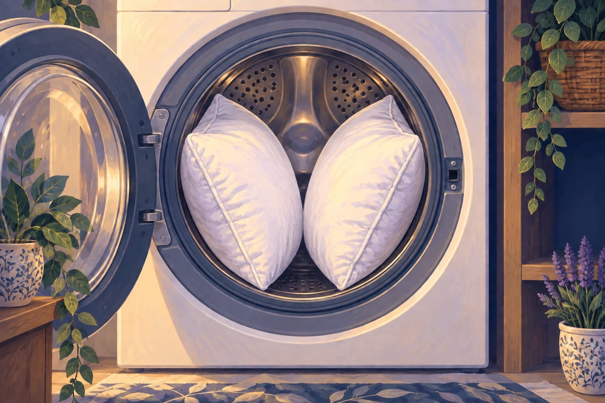 Two pillows side by side in a front-loading washer.