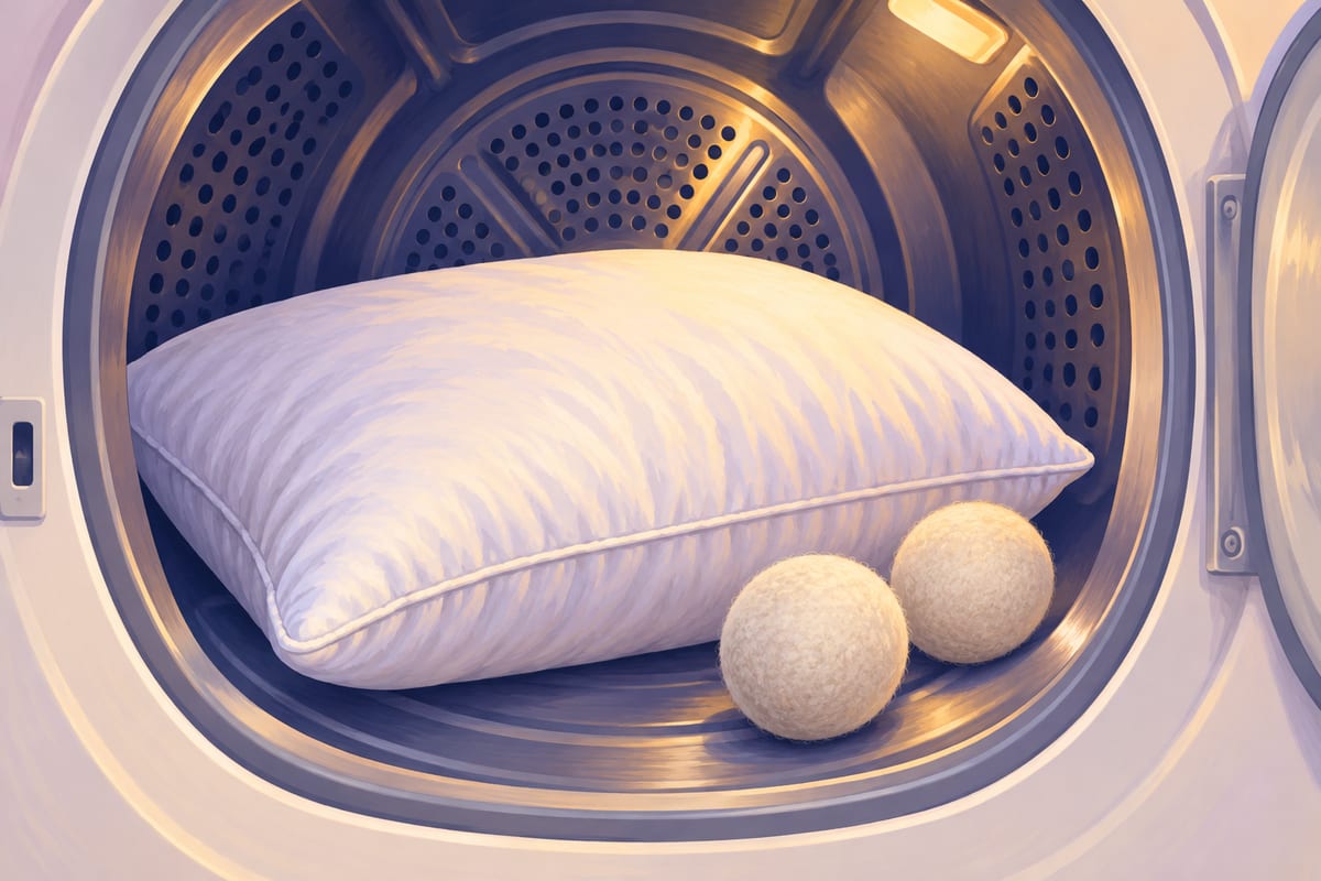 A dryer drum holding a pillow and two wool dryer balls.