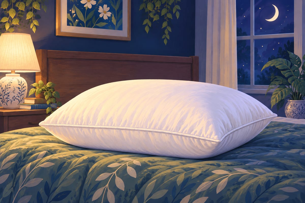 A fluffed pillow resting on a bed, with even filling and no clumps.