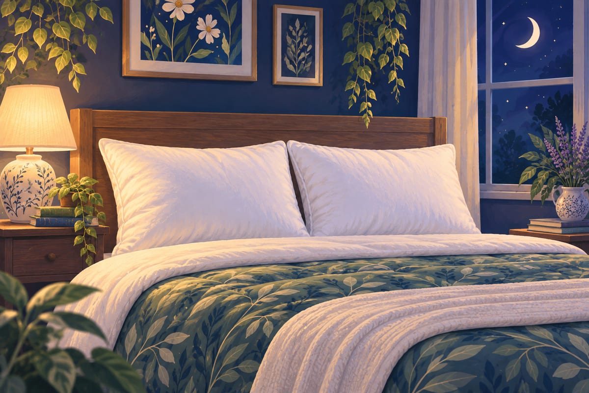 A made bed with two plump pillows against the headboard.
