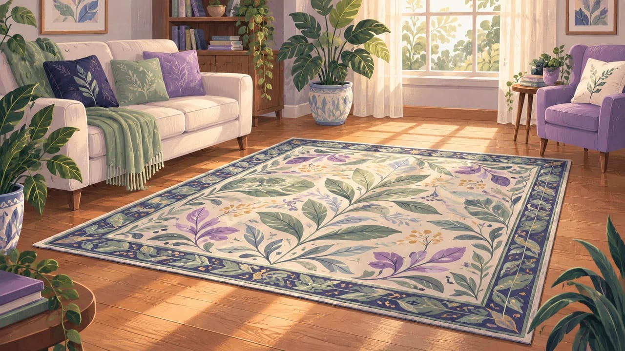 A clean area rug on a hardwood floor in a bright living room.