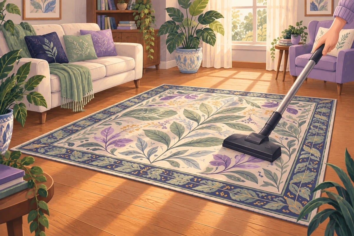 A vacuum going over an area rug, with the rug's underside also being vacuumed nearby.