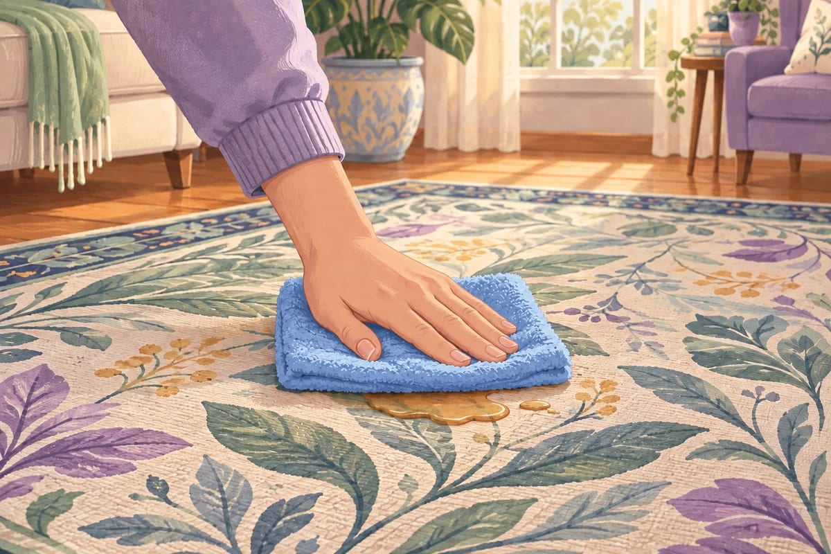 A cloth blotting a fresh spill on a rug.