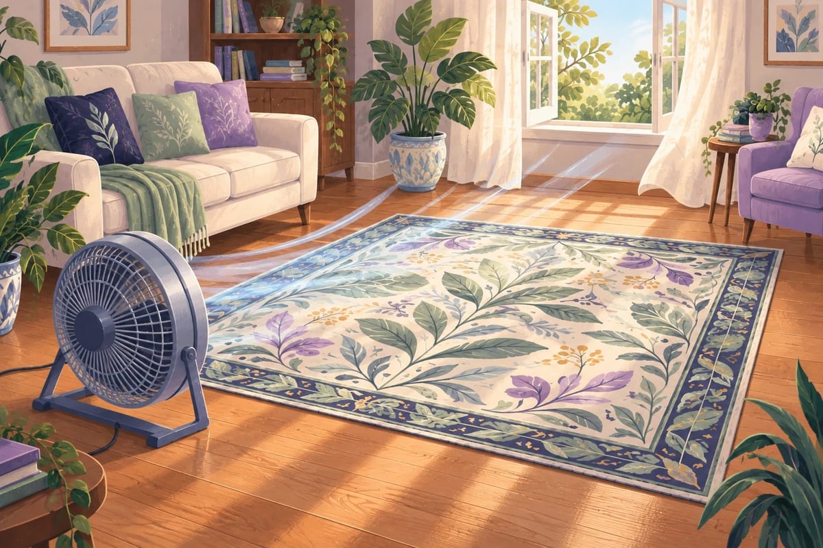 A rug drying with a fan pointed at it, near an open window.