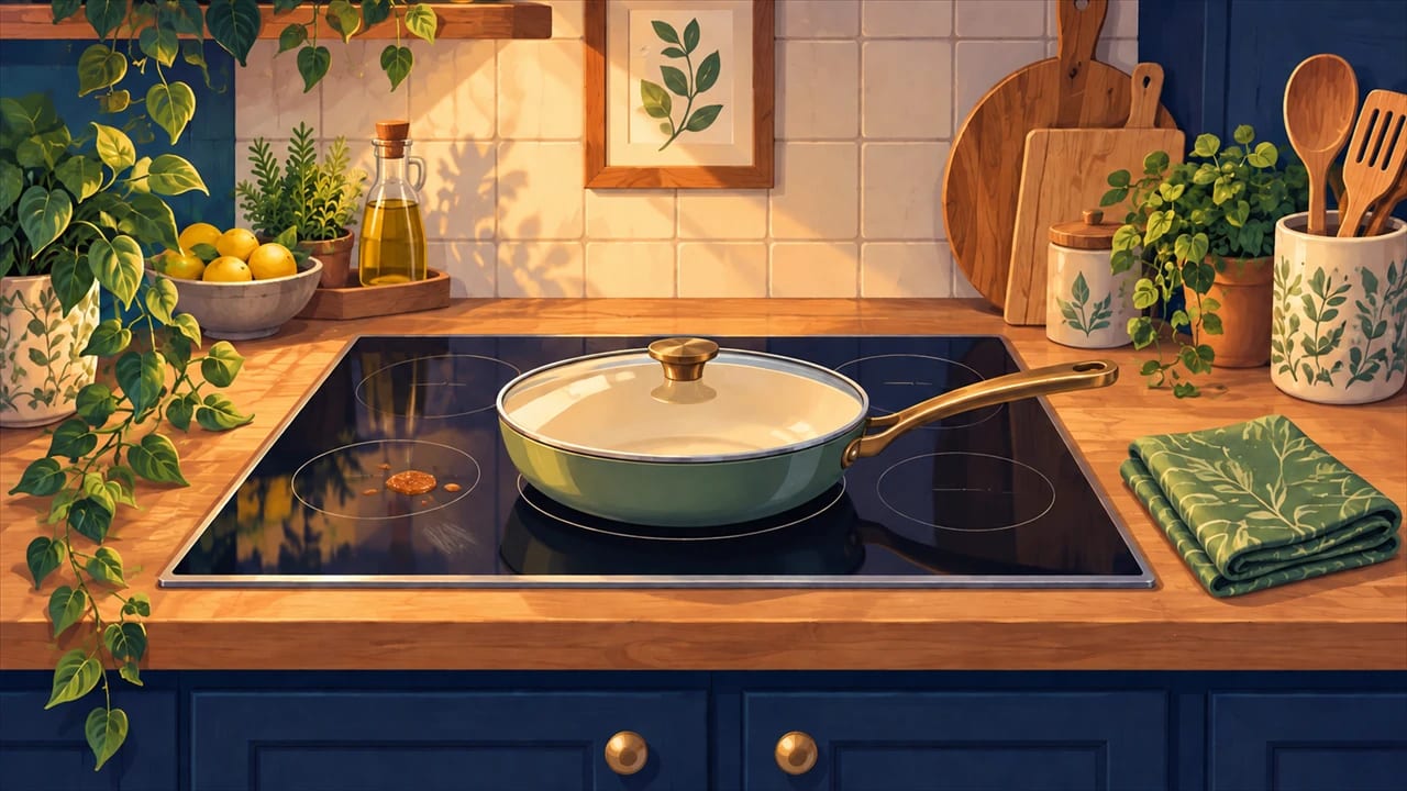 A clean induction cooktop with a pan on one zone and a cloth nearby.