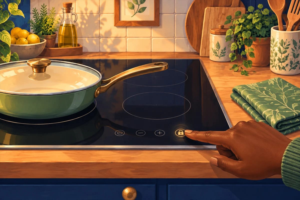 A finger pressing the lock button on an induction cooktop's touch controls.