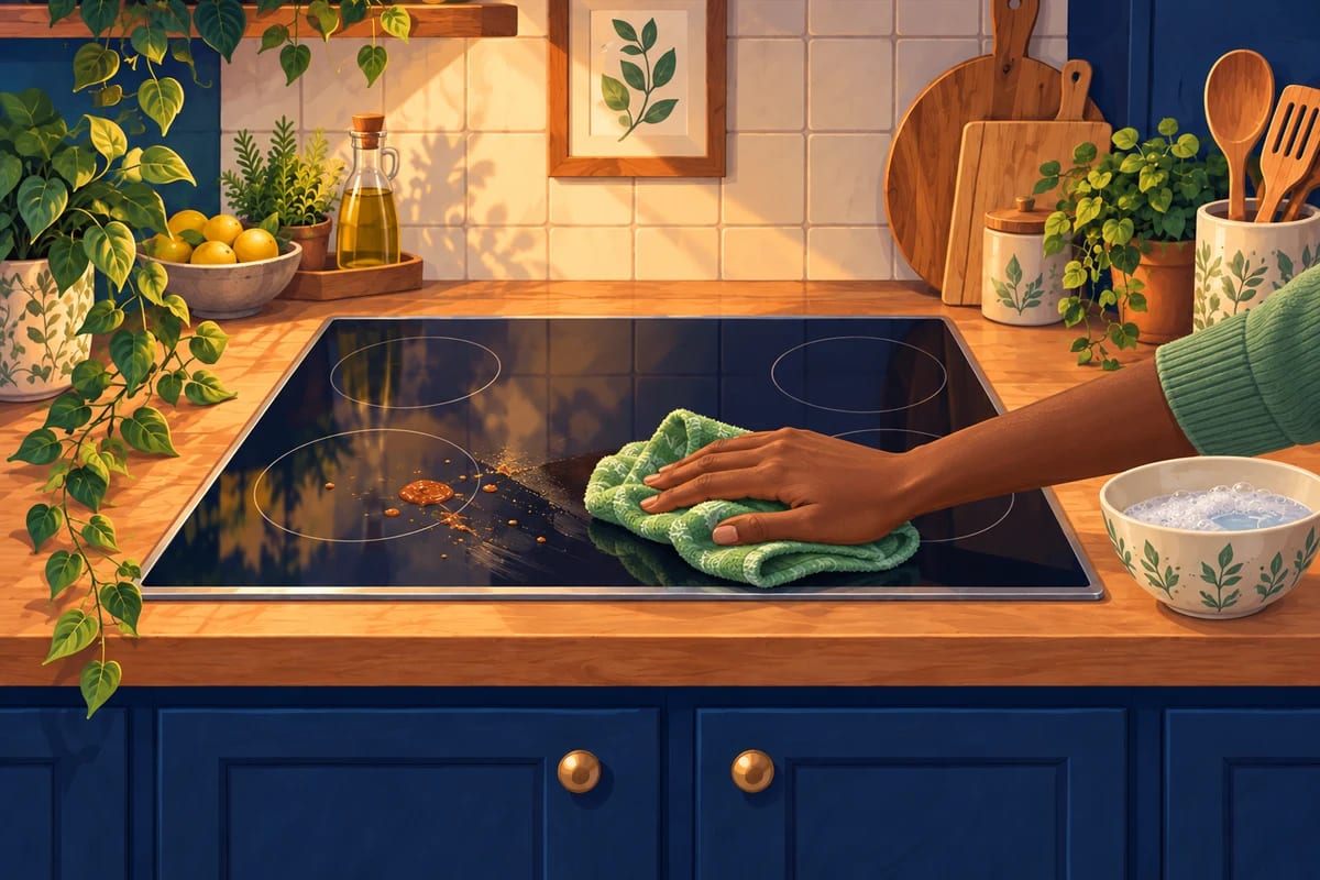 An induction cooktop being wiped with a damp cloth.
