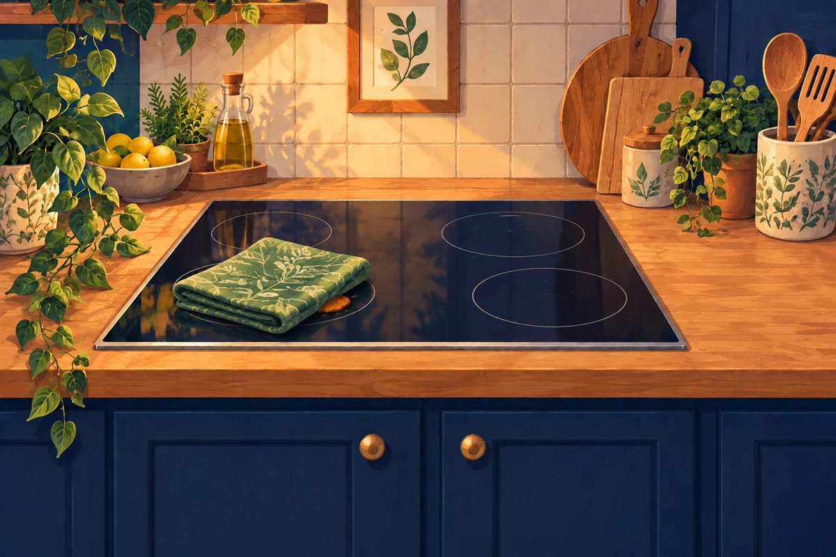 A damp towel laid over a spill on an induction cooktop.