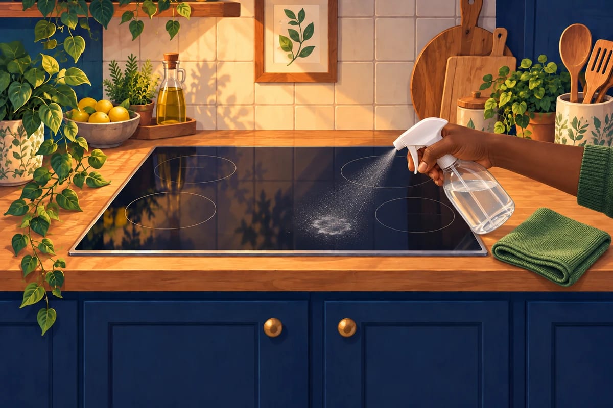 A spray bottle misting vinegar on a cloudy mark on cooktop glass.