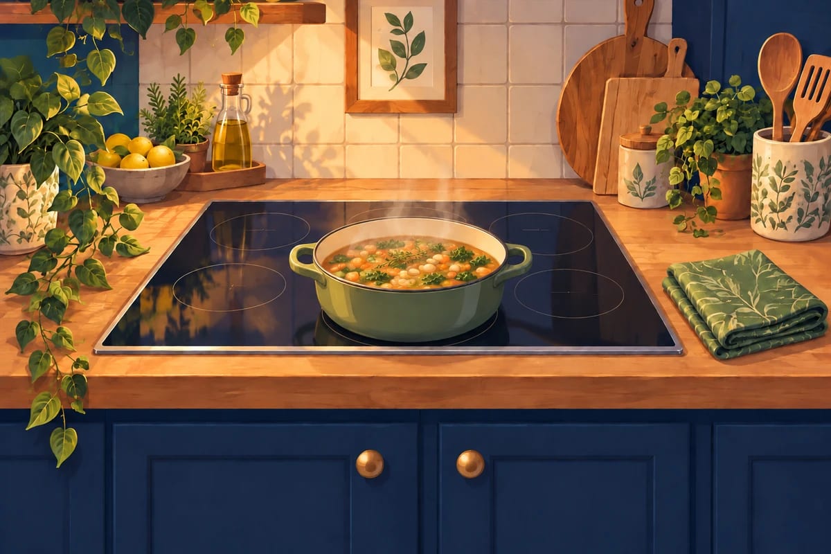 A clean induction cooktop with a pot simmering on it.
