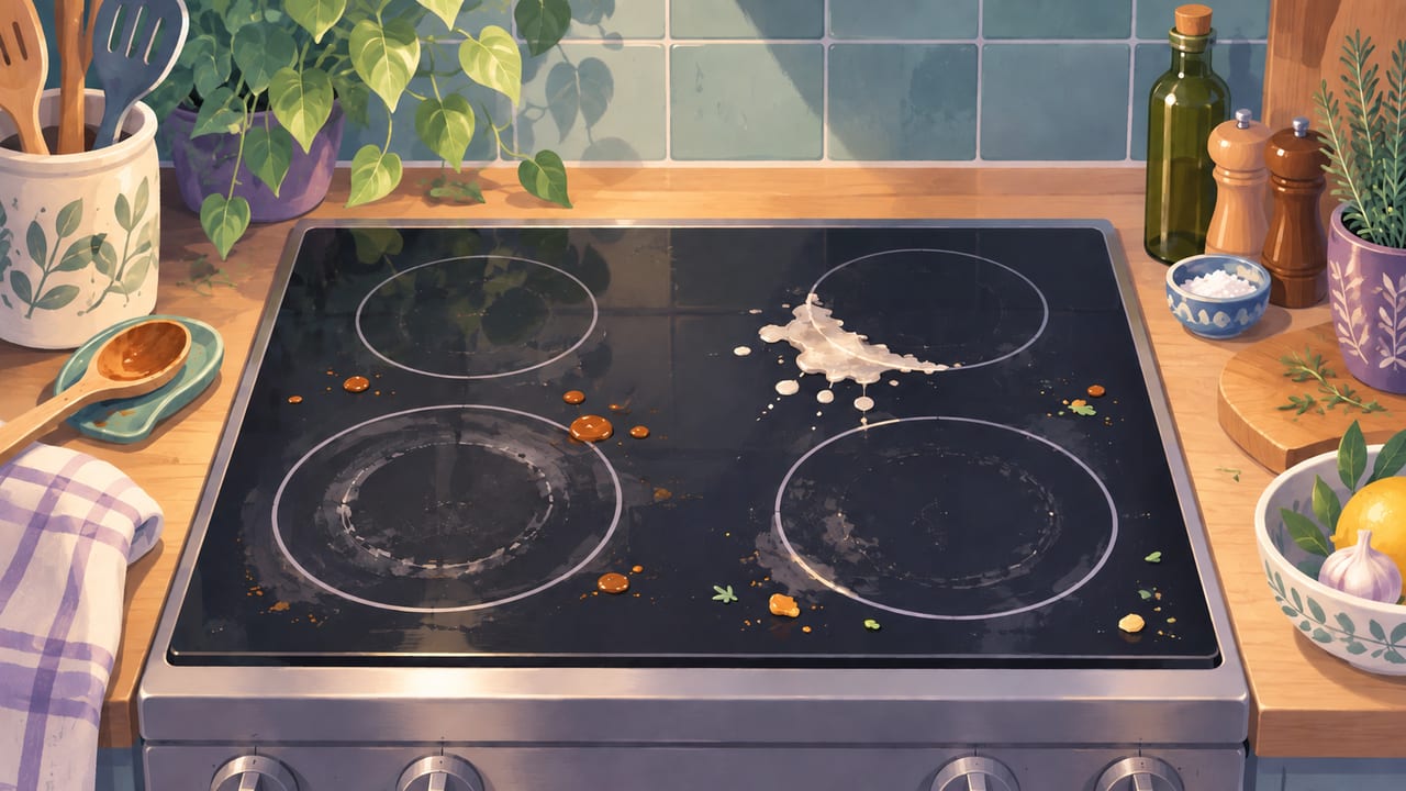 A black glass-top stove with a boiled-over spill, sauce drips and pale rings from pans.