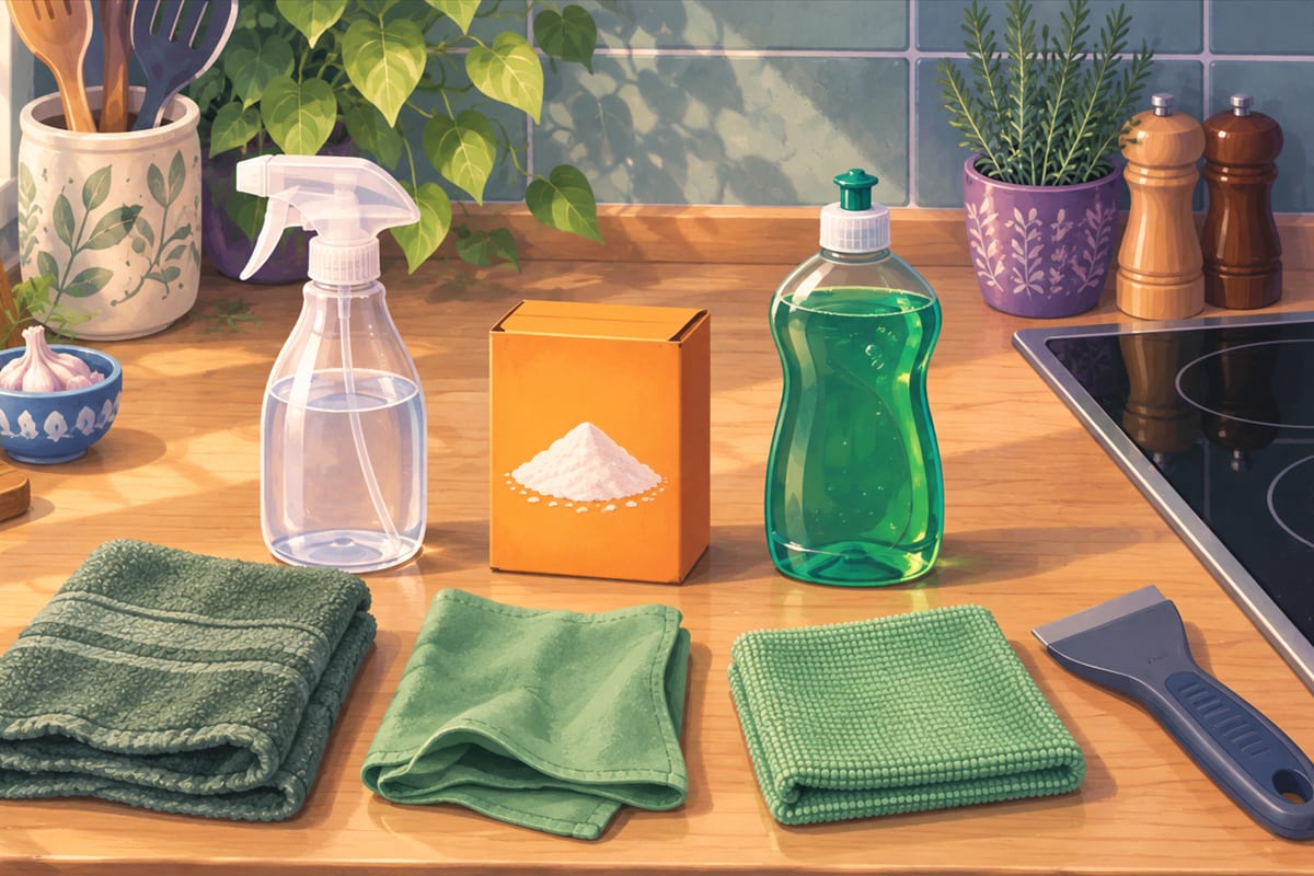 A spray bottle of vinegar, a box of baking soda, dish soap, a towel, two soft cloths and a plastic scraper on the counter.