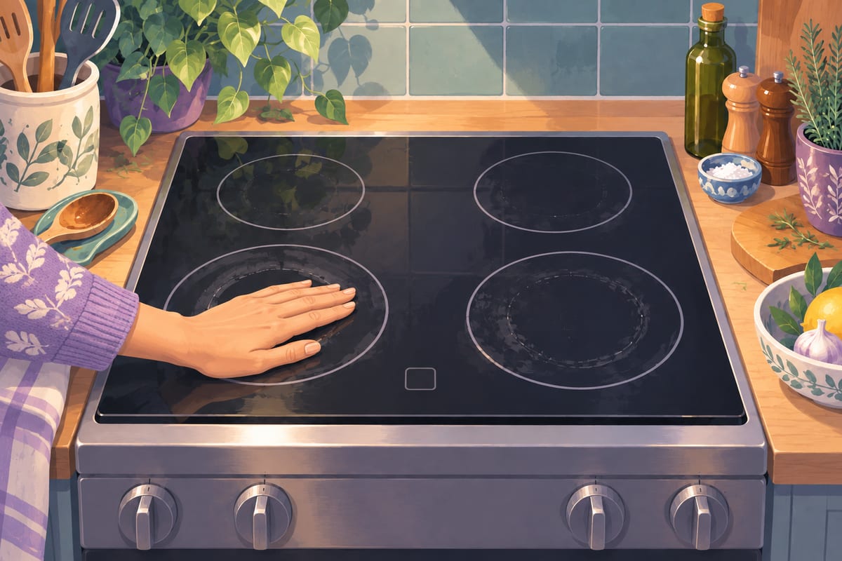 A cool glass stove that is turned off, with cleaning supplies nearby.