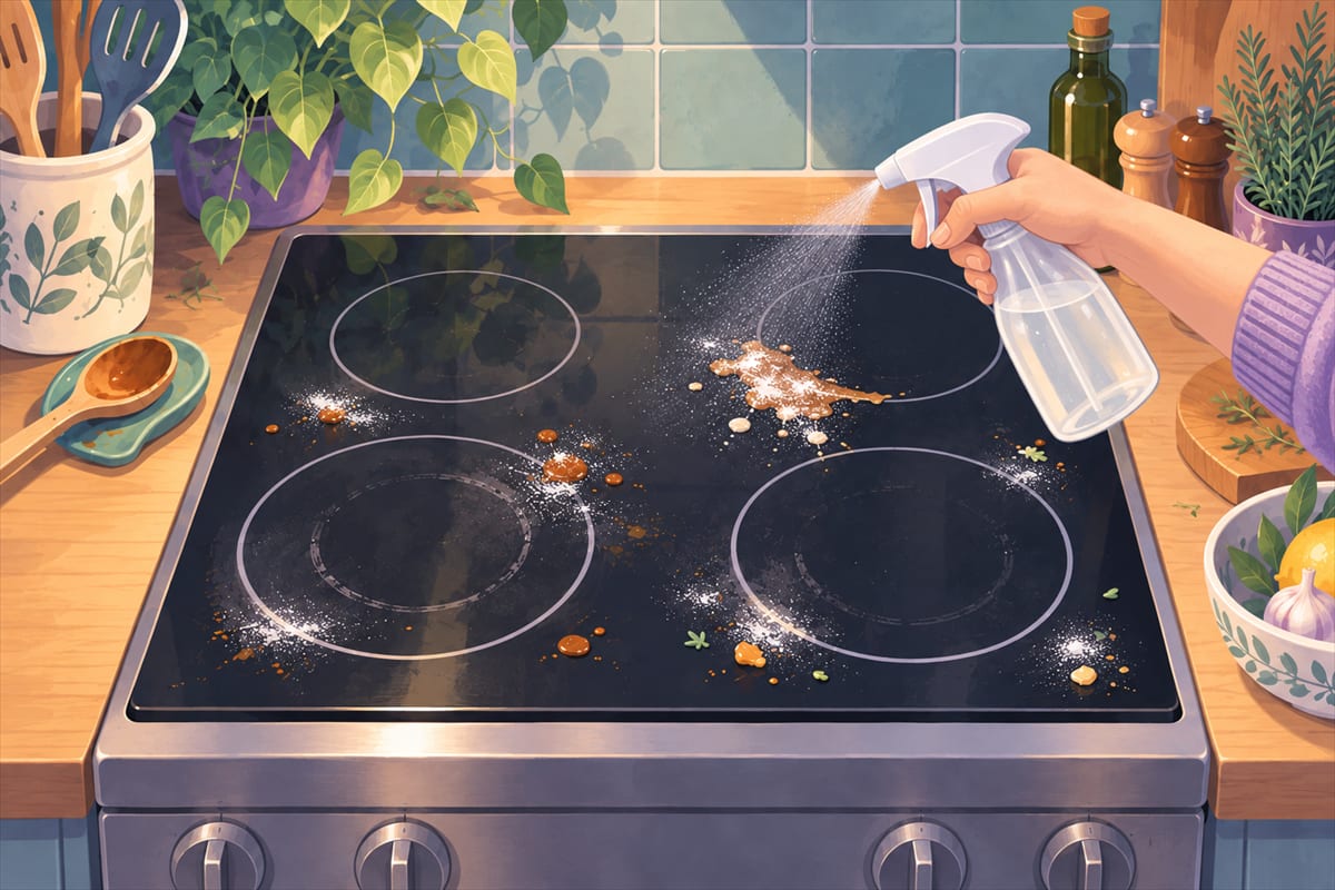 Vinegar misted over the stove glass, with baking soda sprinkled over the dirty spots.