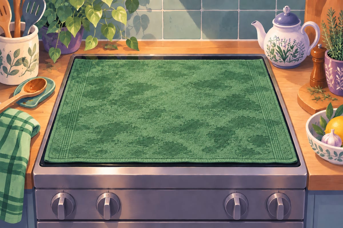 A damp green towel laid flat over the whole stove top, with a teakettle on the counter nearby.