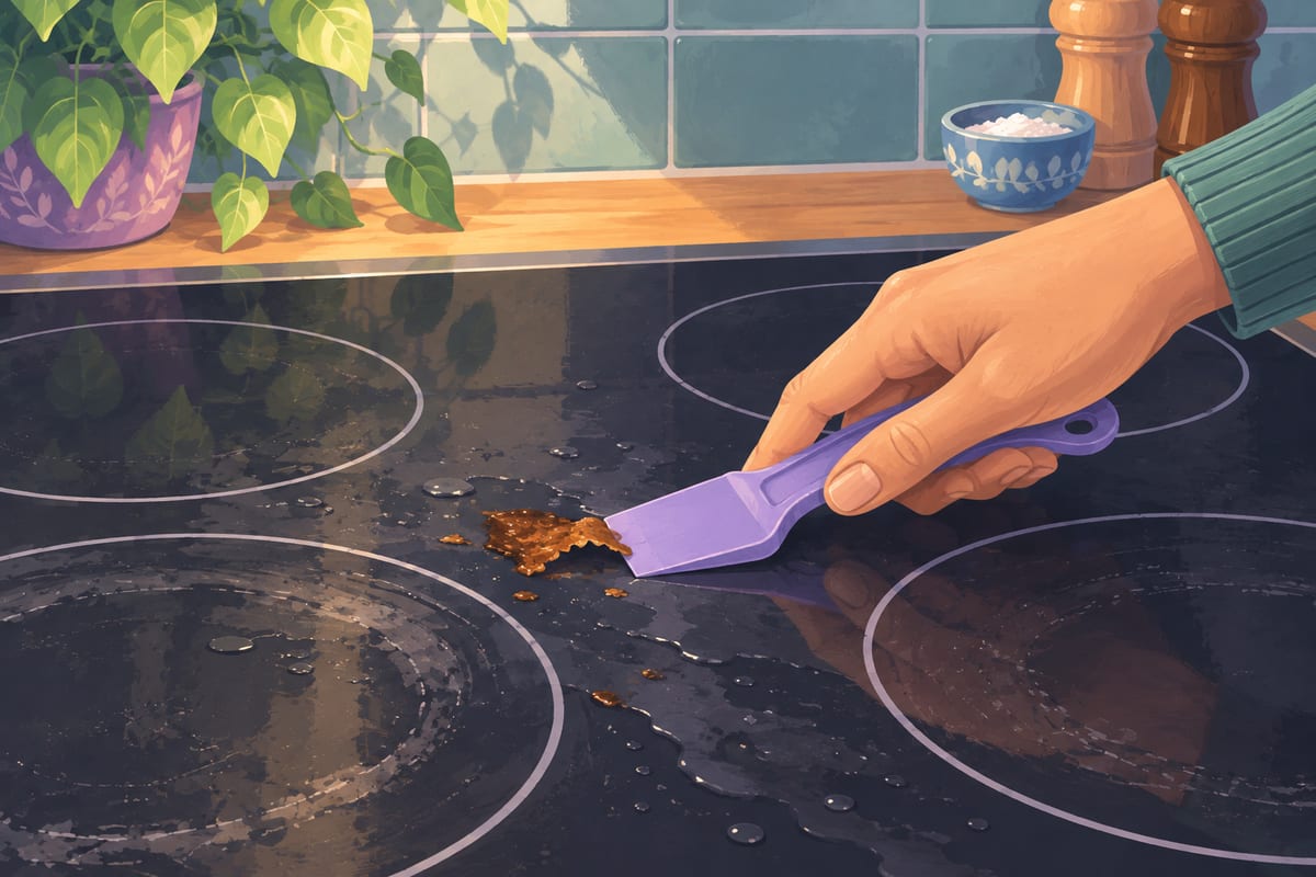 A plastic scraper held low against the damp glass, lifting a stuck spot.
