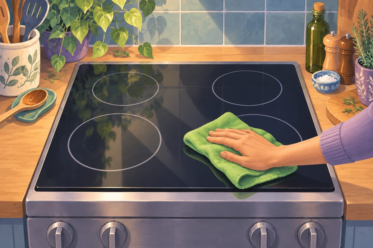 A green microfiber cloth buffing clean, shiny black stove glass.