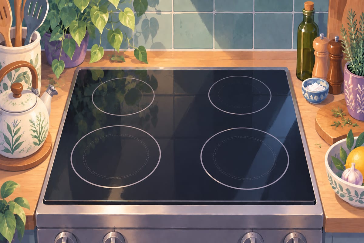A clean, shining glass-top stove with a teakettle beside it.