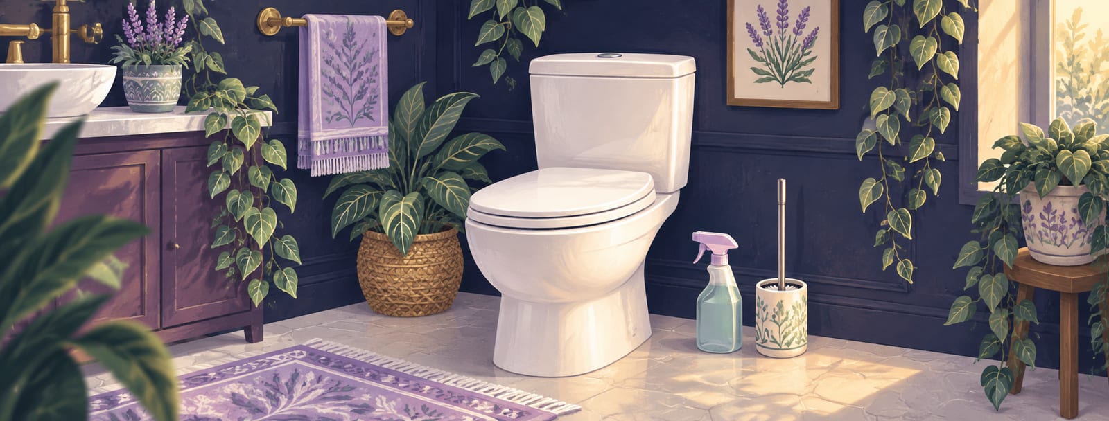A clean bathroom with the toilet lid closed, cleaning spray and a toilet brush in its holder nearby.