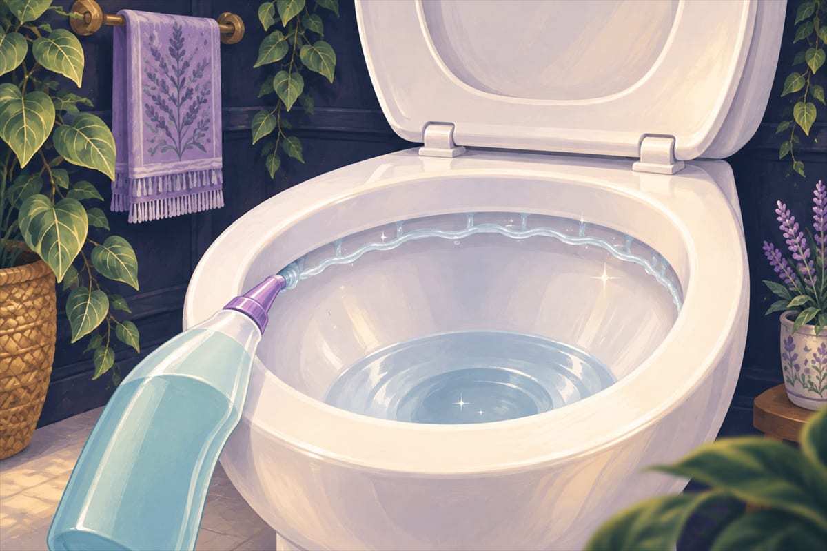 Toilet bowl cleaner being squirted under the rim of the bowl.