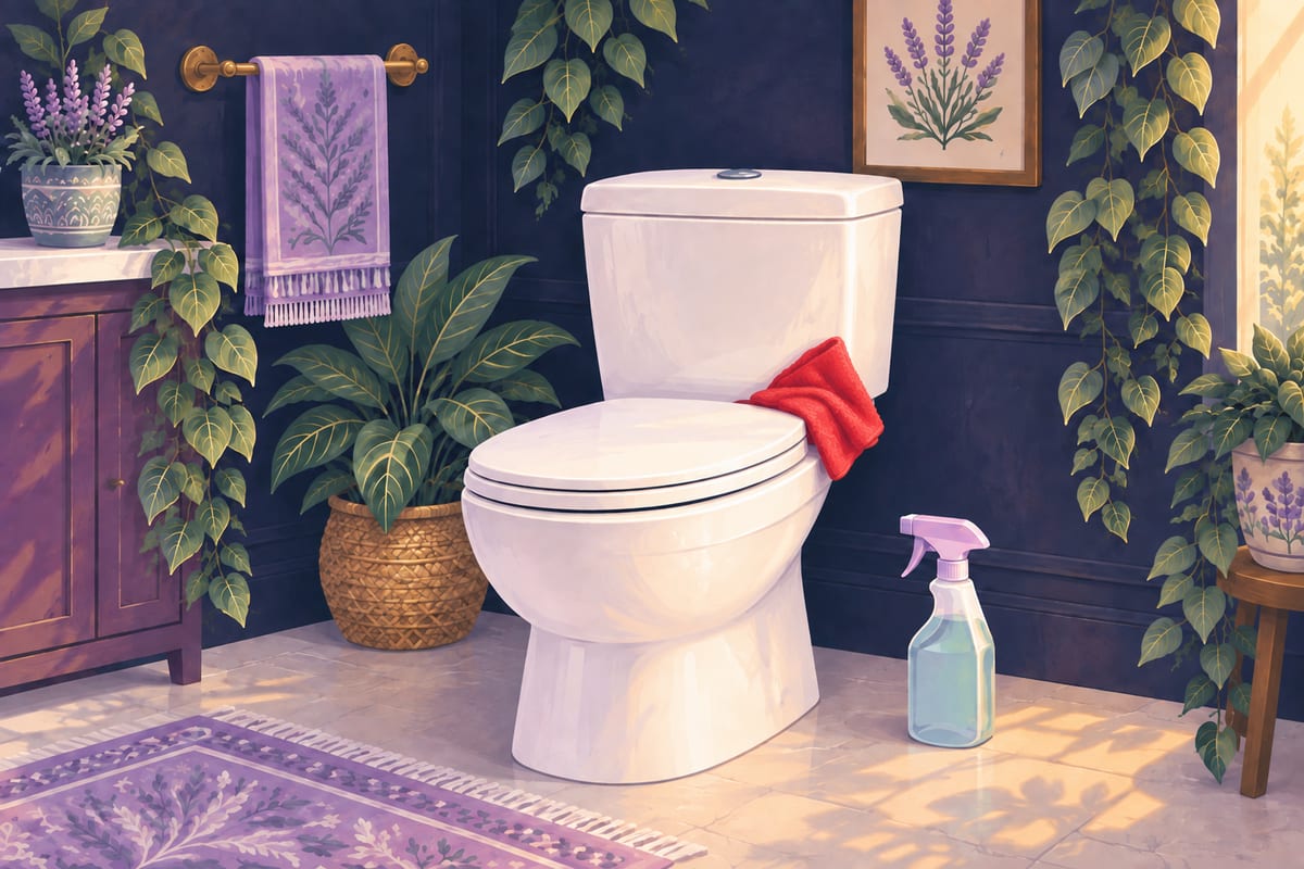 A red cloth on the toilet tank and the outside of the bowl.