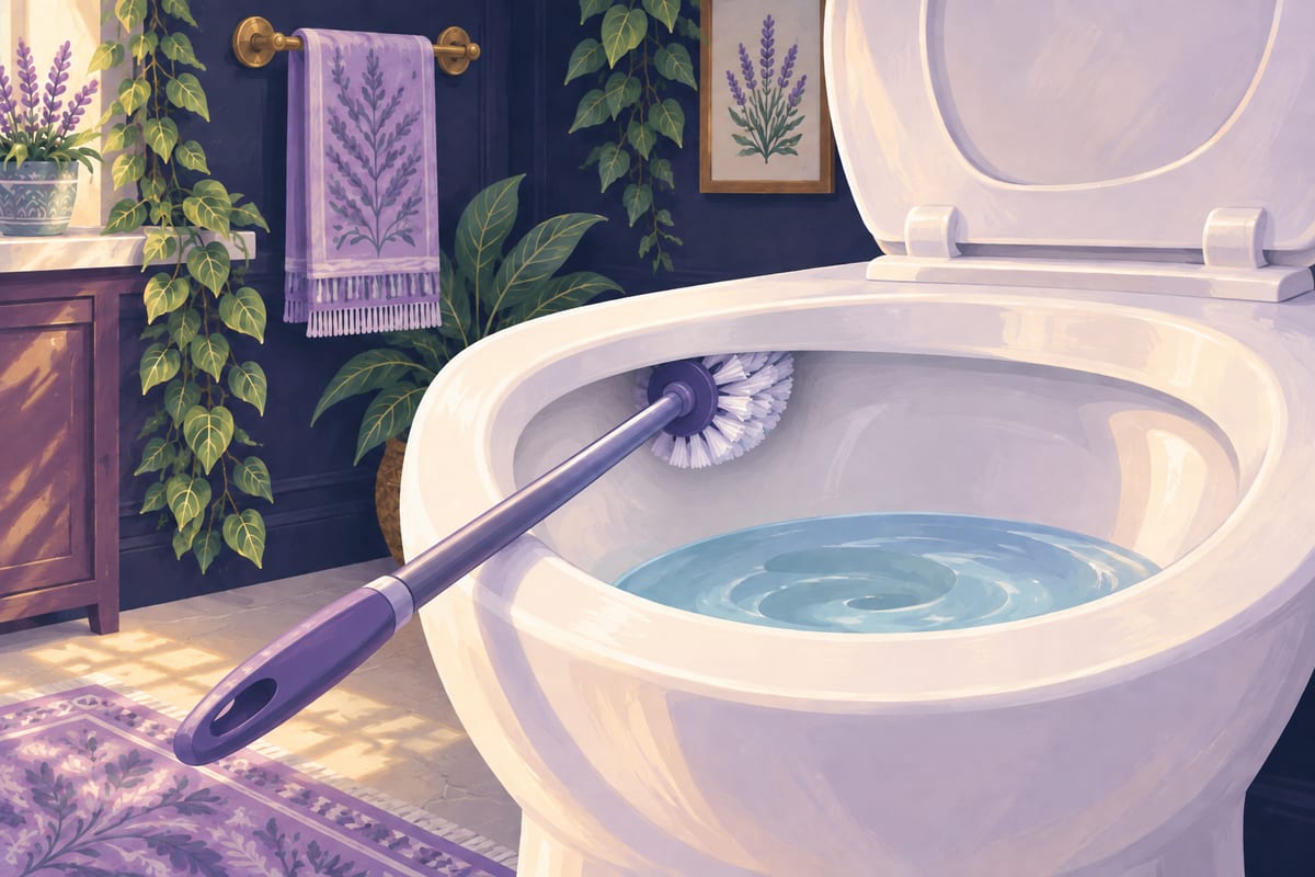 A toilet brush scrubbing under the rim of the bowl.