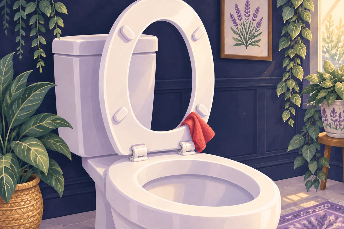 A red cloth on the underside of a lifted toilet seat, near the hinges.