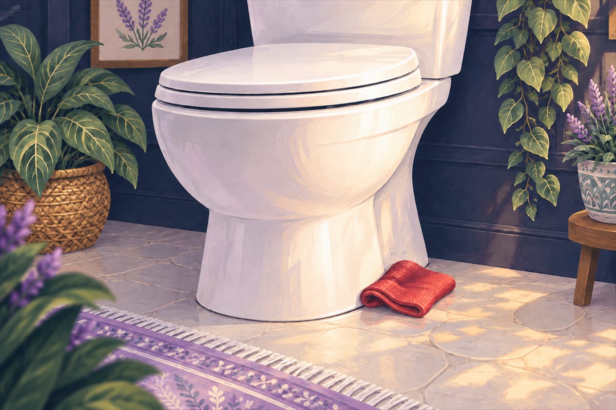 A red cloth by the base of the toilet where it meets the floor.