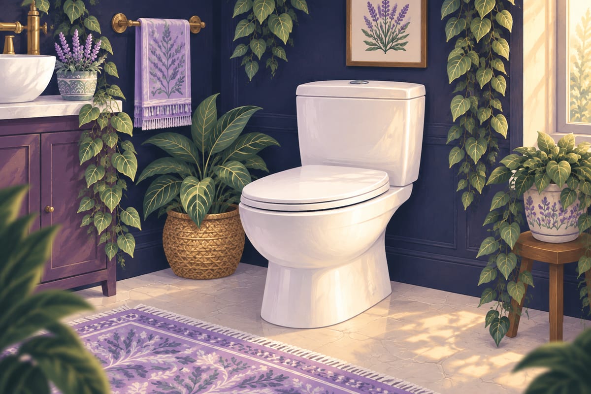 A clean toilet with the lid down in a tidy bathroom.