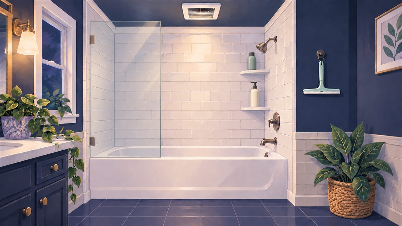 A clean shower and tub with tile walls, a squeegee hanging nearby, and a bathroom fan visible in the ceiling.