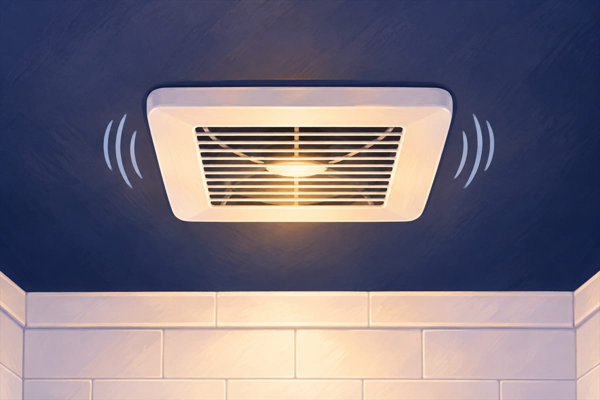 A bathroom exhaust fan switch turned on, with the fan visible running in the ceiling.