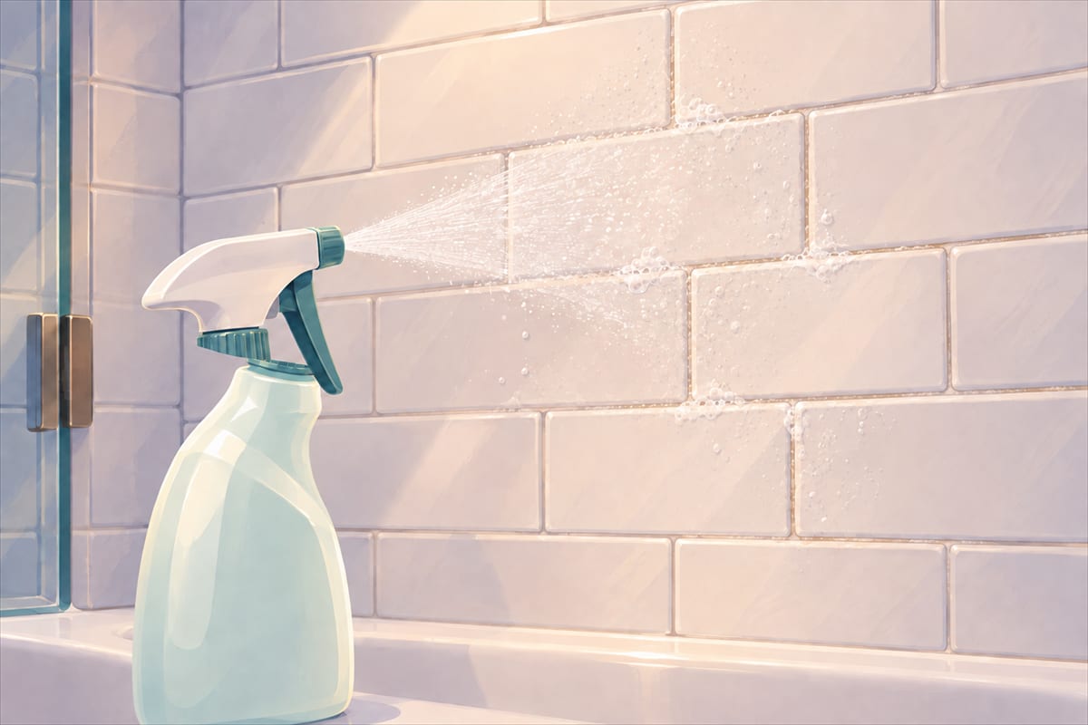 A spray bottle of tile cleaner spraying shower tile walls.