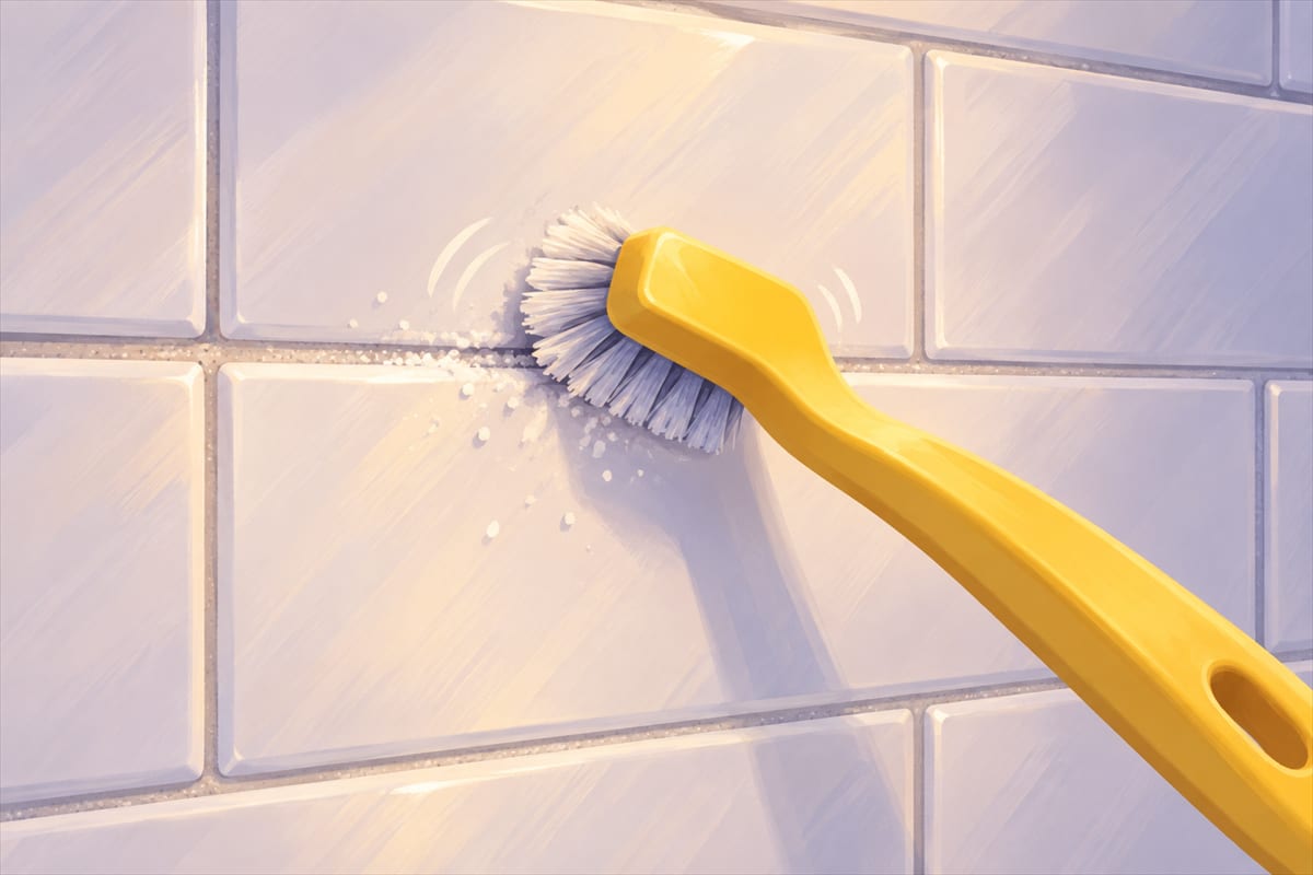 A grout brush scrubbing along a tile grout line.